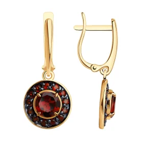 Золотые cерьги висячие с гранатом