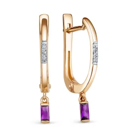 Золотые cерьги висячие с аметистом