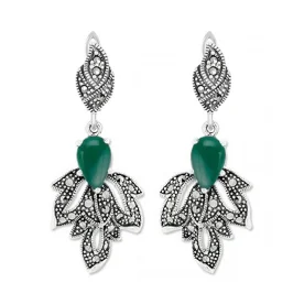 Серебряные cерьги висячие с агатом зеленым