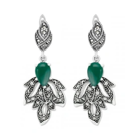 Серебряные cерьги висячие с агатом зеленым