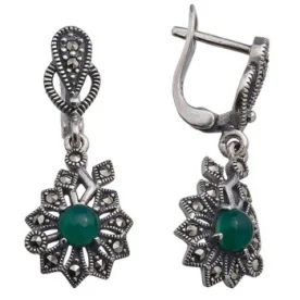 Серебряные cерьги висячие с агатом зеленым