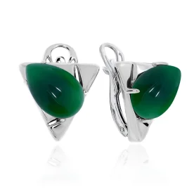Серебряные cерьги классические с агатом зеленым